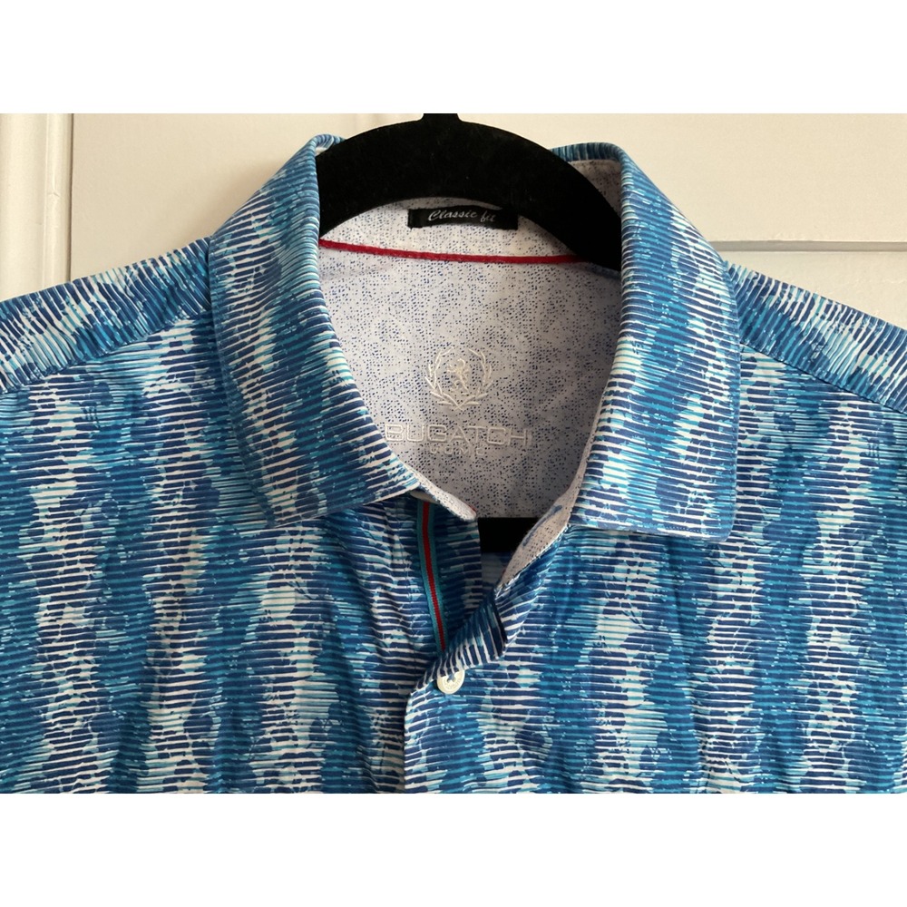 Bugatchi Uomo Mens Classic Fit Blue Abstract Stripe Long Sleeve Button Down